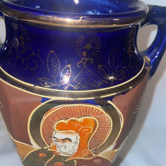 Antique Satsuma Pottery Vase Japan Cobalt Hand Painted Gold w/ Handles 8.5" - Picture 6 of 11